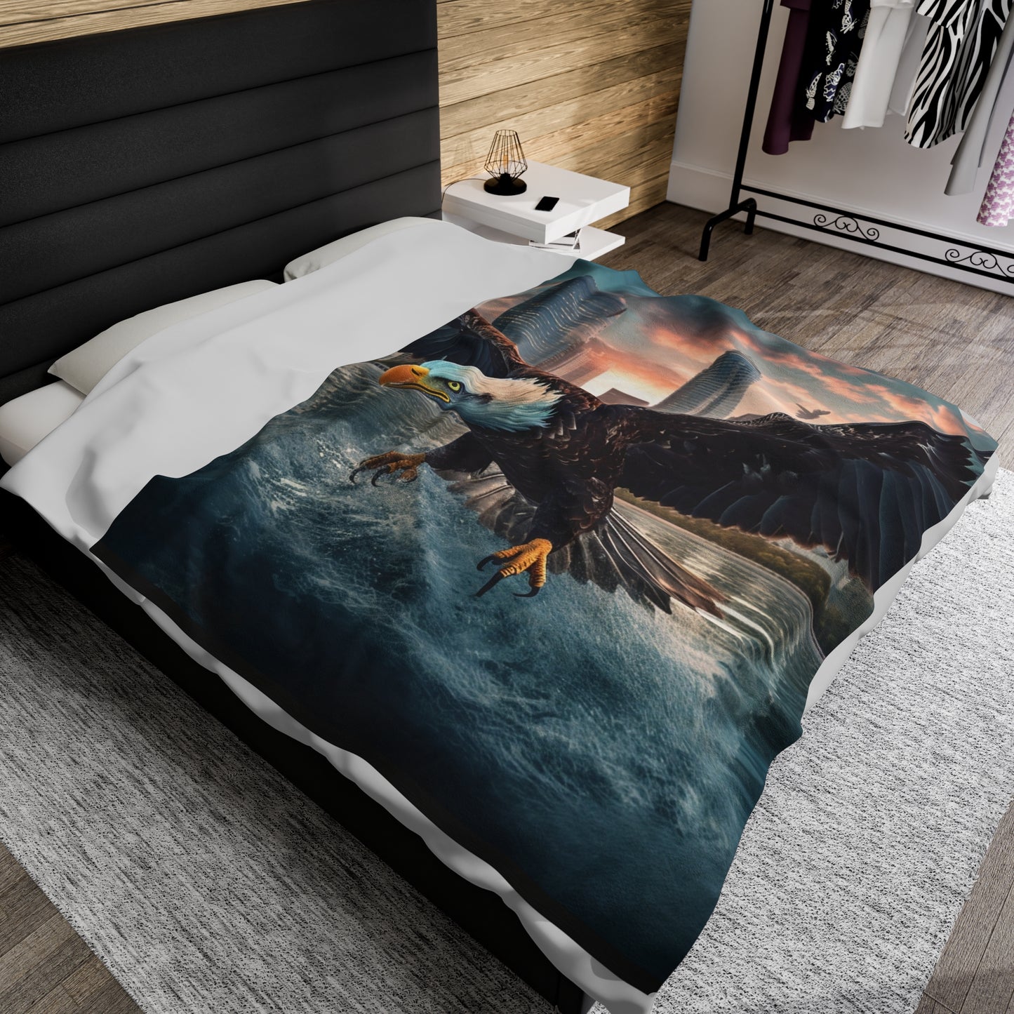 City Bald Eagle Flying Over Water Plush Blanket