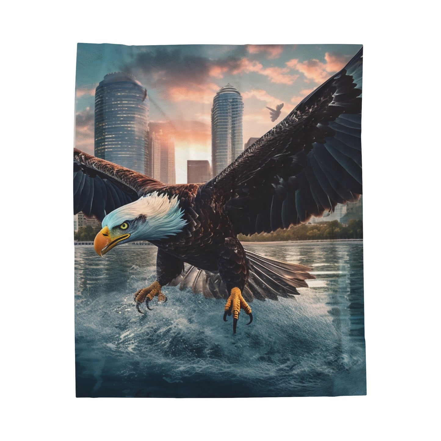 City Bald Eagle Flying Over Water Plush Blanket